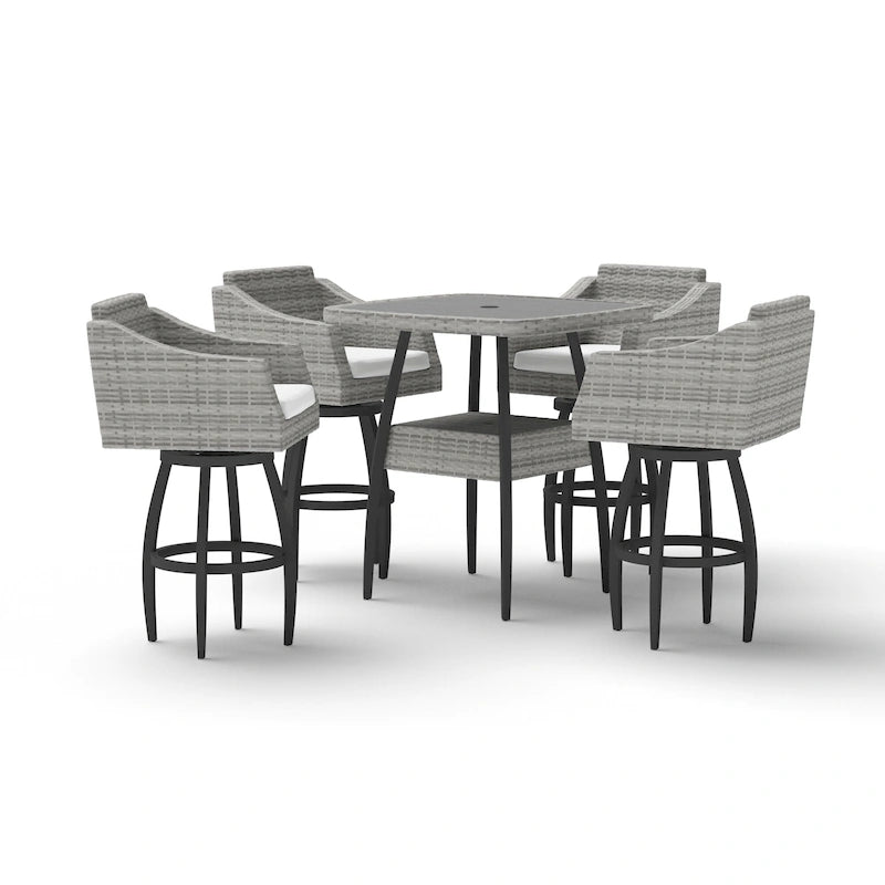 5-Piece Outdoor Bar Set Gray Wicker 4 Swivel Barstools 1 Bar Table