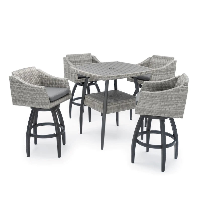 5-Piece Outdoor Bar Set Gray Wicker 4 Swivel Barstools 1 Bar Table