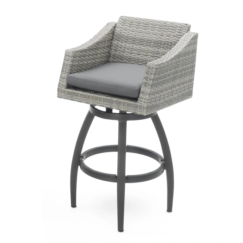 5-Piece Outdoor Bar Set Gray Wicker 4 Swivel Barstools 1 Bar Table