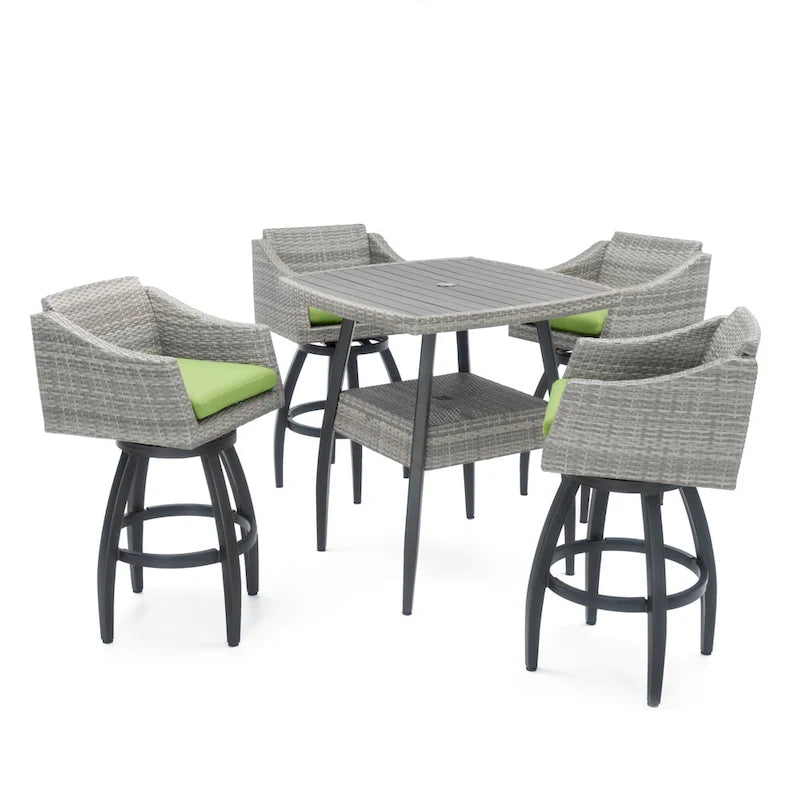 5-Piece Outdoor Bar Set Gray Wicker 4 Swivel Barstools 1 Bar Table