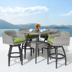 5-Piece Outdoor Bar Set Gray Wicker 4 Swivel Barstools 1 Bar Table