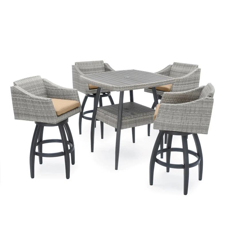 5-Piece Outdoor Bar Set Gray Wicker 4 Swivel Barstools 1 Bar Table