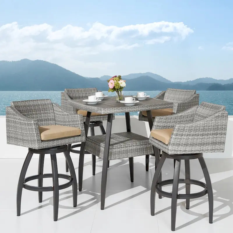 5-Piece Outdoor Bar Set Gray Wicker 4 Swivel Barstools 1 Bar Table