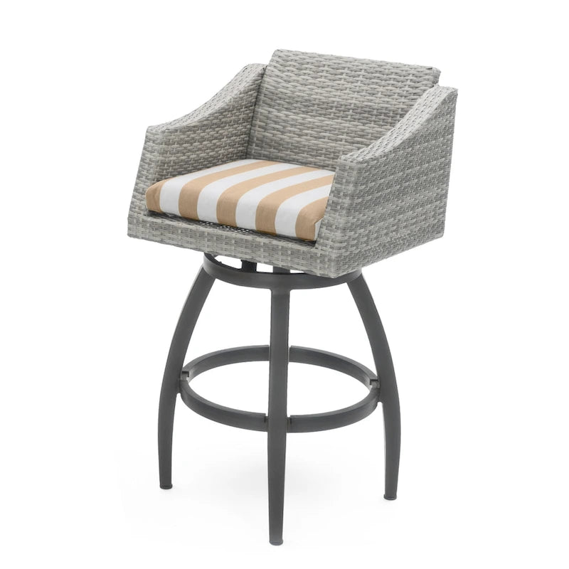 5-Piece Outdoor Bar Set Gray Wicker 4 Swivel Barstools 1 Bar Table