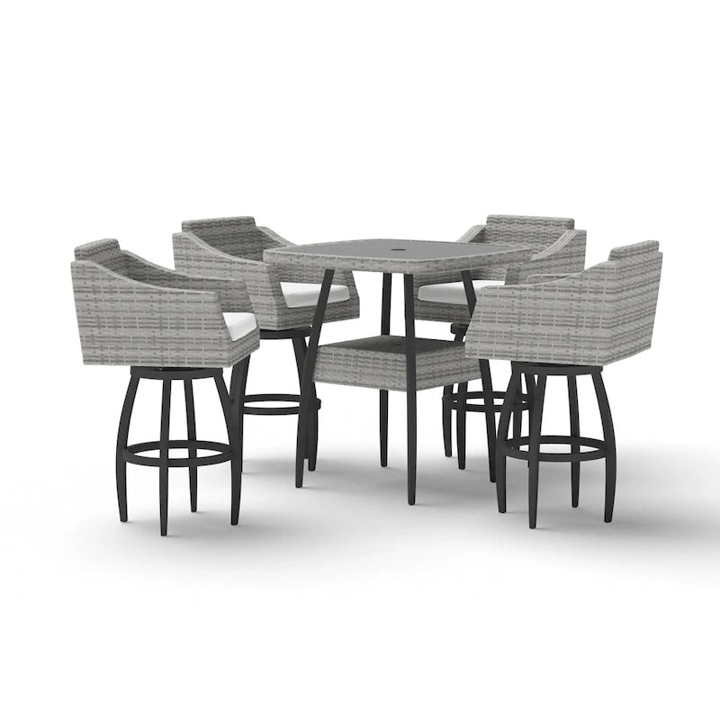 5-Piece Outdoor Bar Set Gray Wicker 4 Swivel Barstools 1 Bar Table