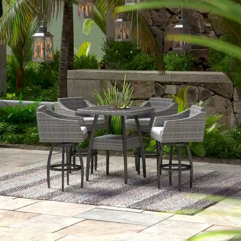 5-Piece Outdoor Bar Set Gray Wicker 4 Swivel Barstools 1 Bar Table