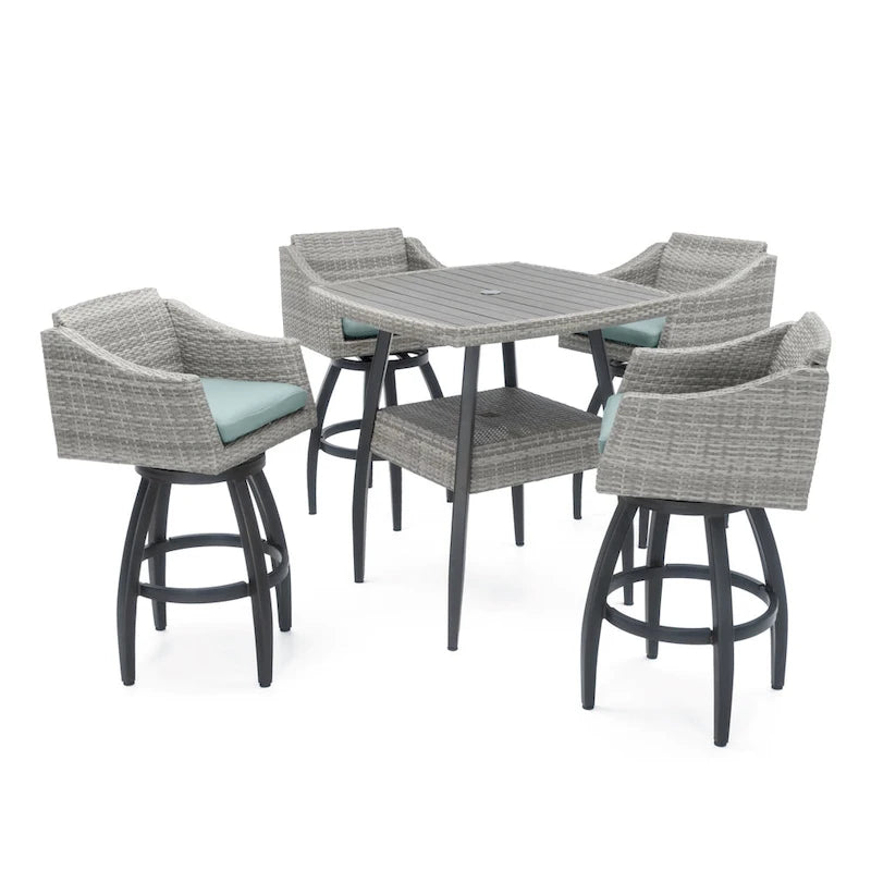 5-Piece Outdoor Bar Set Gray Wicker 4 Swivel Barstools 1 Bar Table