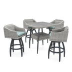 5-Piece Outdoor Bar Set Gray Wicker 4 Swivel Barstools 1 Bar Table
