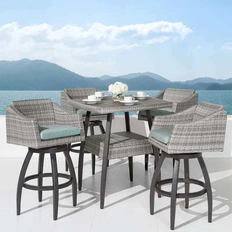 5-Piece Outdoor Bar Set Gray Wicker 4 Swivel Barstools 1 Bar Table