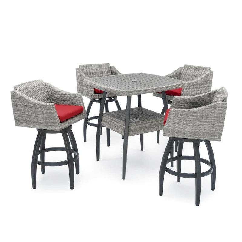 5-Piece Outdoor Bar Set Gray Wicker 4 Swivel Barstools 1 Bar Table