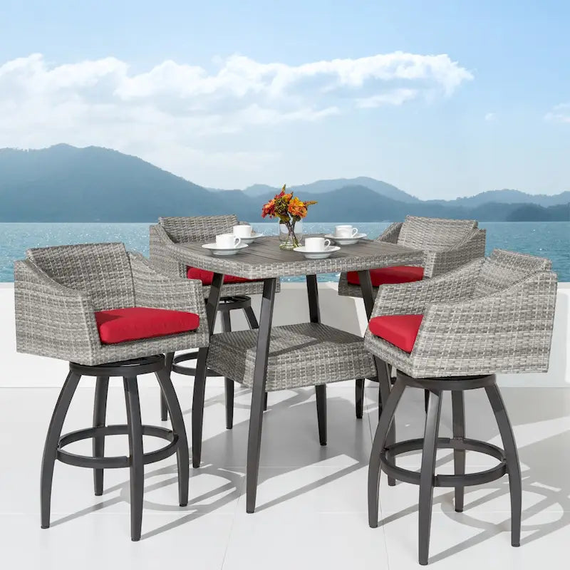 5-Piece Outdoor Bar Set Gray Wicker 4 Swivel Barstools 1 Bar Table