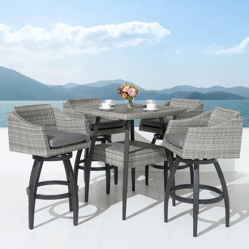 5-Piece Outdoor Bar Set Gray Wicker 4 Swivel Barstools 1 Bar Table