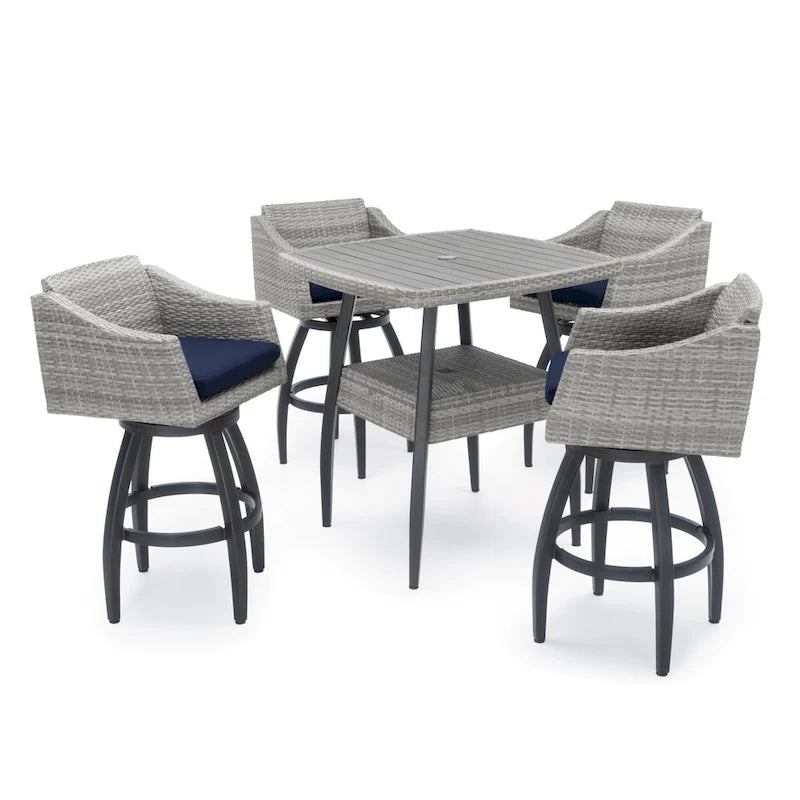 5-Piece Outdoor Bar Set Gray Wicker 4 Swivel Barstools 1 Bar Table