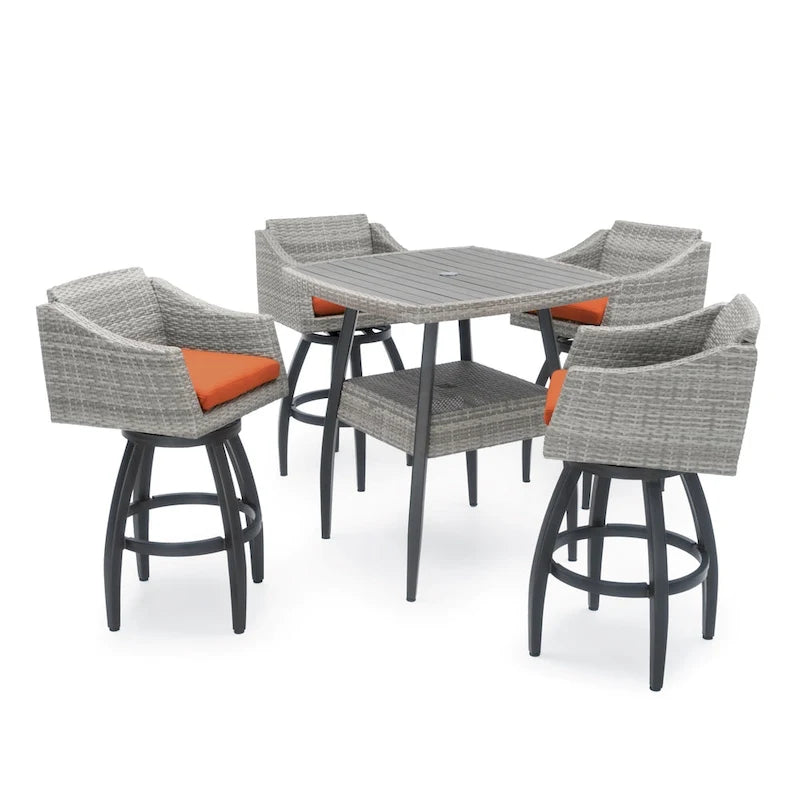 5-Piece Outdoor Bar Set Gray Wicker 4 Swivel Barstools 1 Bar Table