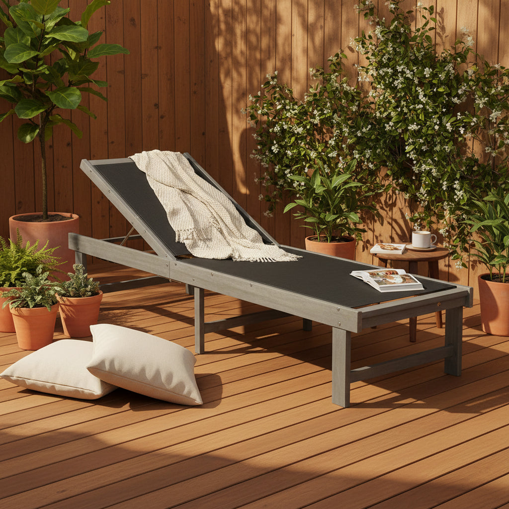 Acacia Wood Lounge Chair Ash Gray with Textilene Fabric Adjustable