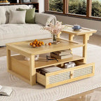 Nested Coffee Table Set with Rattan Drawer Pine Wood Legs Natural