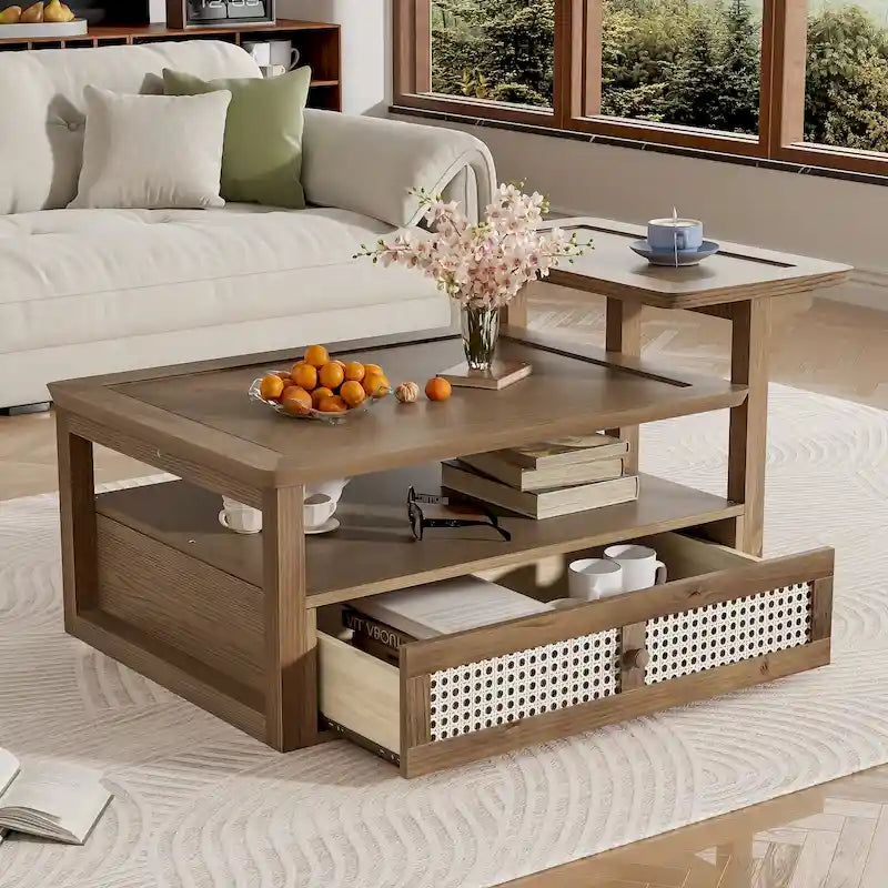 Nested Coffee Table Set with Rattan Drawer Pine Wood Legs Natural