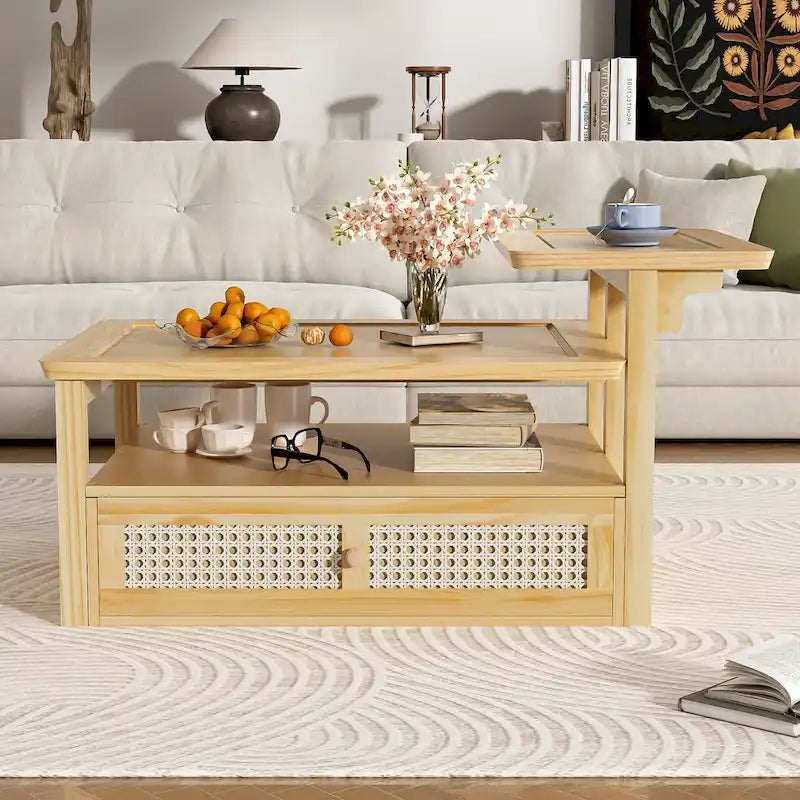Nested Coffee Table Set with Rattan Drawer Pine Wood Legs Natural