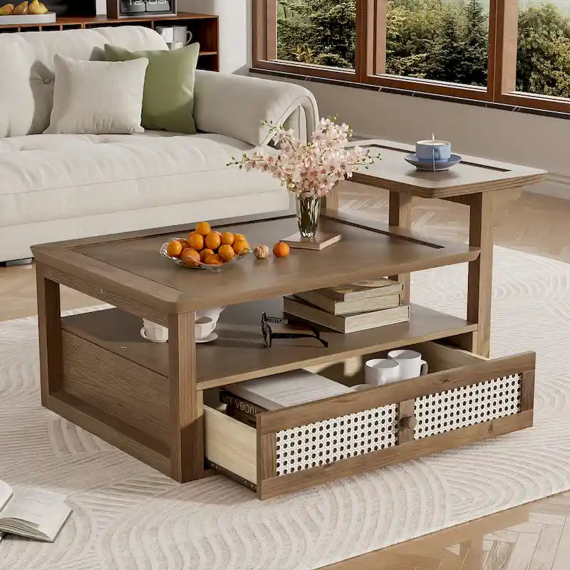 Nested Coffee Table Set with Rattan Drawer Pine Wood Legs Natural