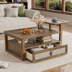 Nested Coffee Table Set with Rattan Drawer Pine Wood Legs Natural