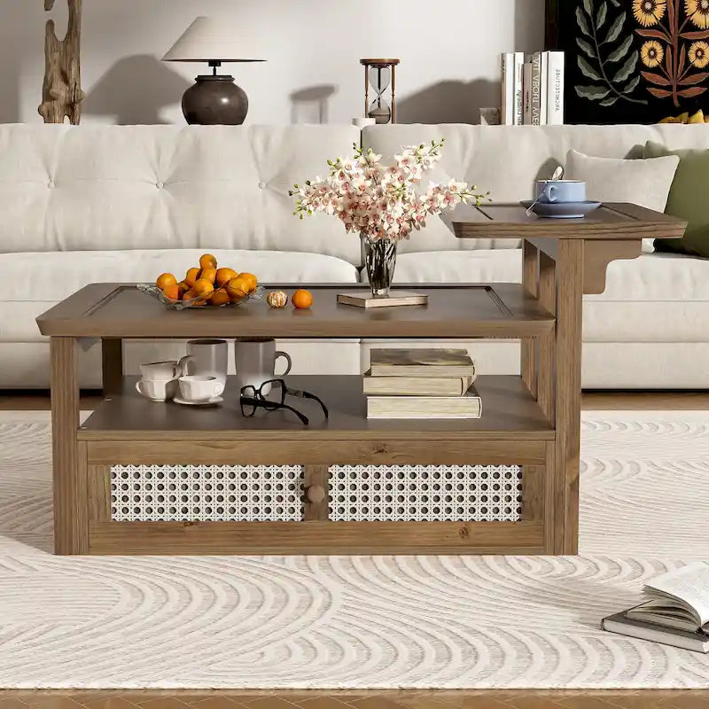 Nested Coffee Table Set with Rattan Drawer Pine Wood Legs Natural