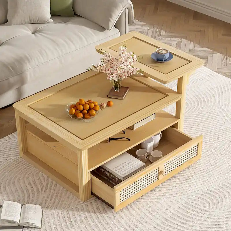 Nested Coffee Table Set with Rattan Drawer Pine Wood Legs Natural