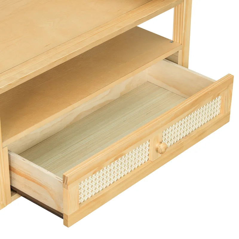 Nested Coffee Table Set with Rattan Drawer Pine Wood Legs Natural