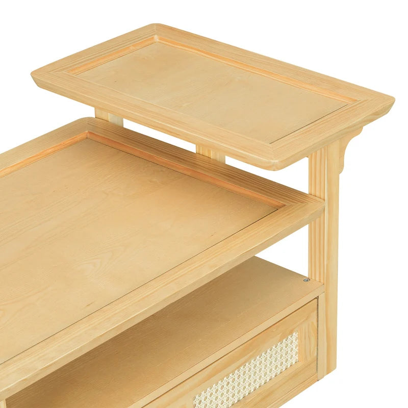 Nested Coffee Table Set with Rattan Drawer Pine Wood Legs Natural