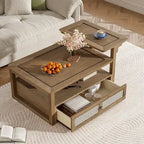Nested Coffee Table Set with Rattan Drawer Pine Wood Legs Natural