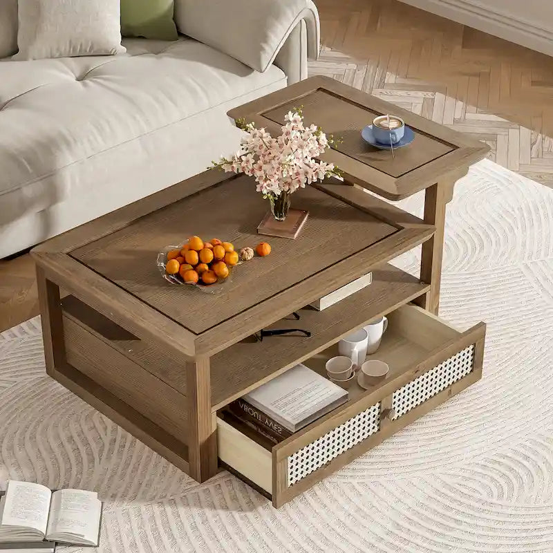 Nested Coffee Table Set with Rattan Drawer Pine Wood Legs Natural
