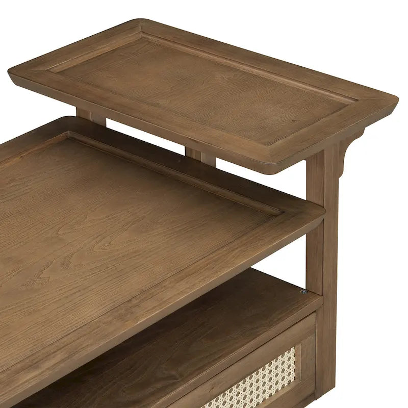 Nested Coffee Table Set with Rattan Drawer Pine Wood Legs Natural
