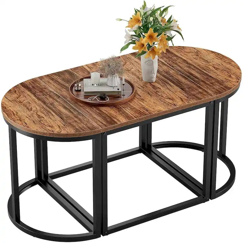 3-Piece Coffee Table Set Metal Frame 1 Square Table 2 Semi-Circular Tables