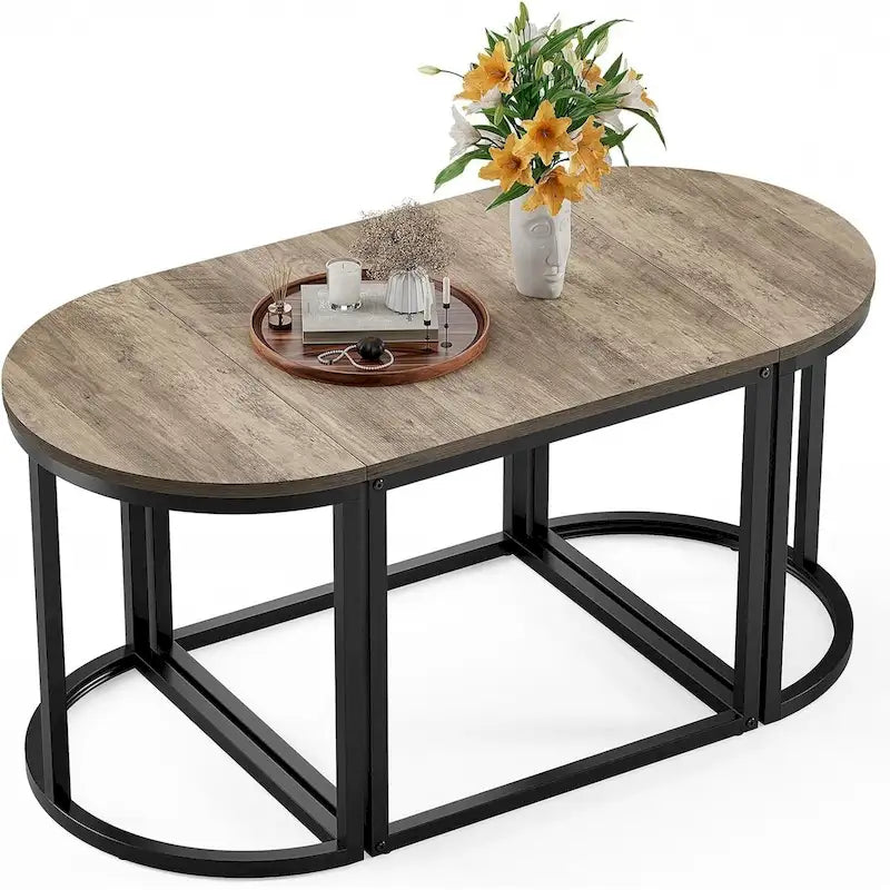 3-Piece Coffee Table Set Metal Frame 1 Square Table 2 Semi-Circular Tables