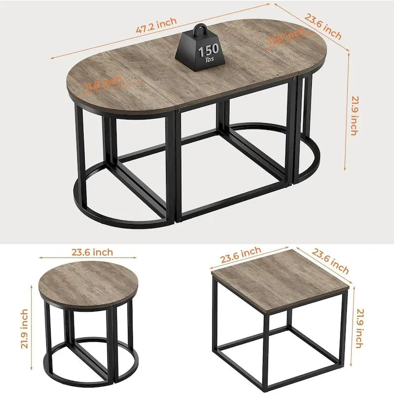 3-Piece Coffee Table Set Metal Frame 1 Square Table 2 Semi-Circular Tables