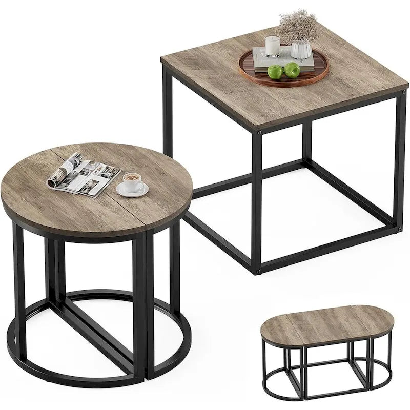 3-Piece Coffee Table Set Metal Frame 1 Square Table 2 Semi-Circular Tables