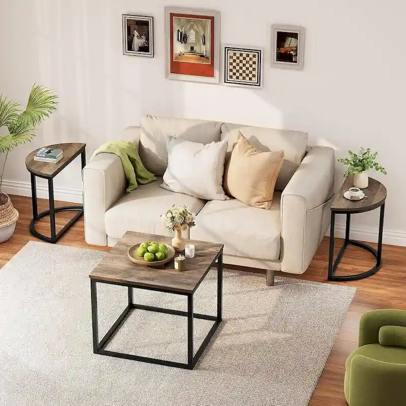 3-Piece Coffee Table Set Metal Frame 1 Square Table 2 Semi-Circular Tables