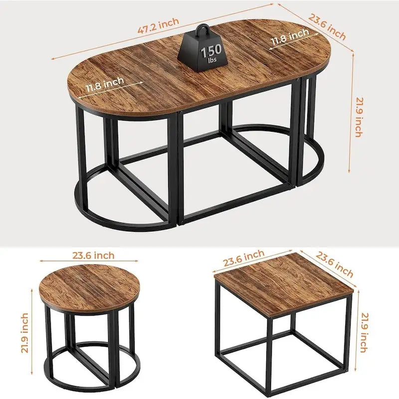 3-Piece Coffee Table Set Metal Frame 1 Square Table 2 Semi-Circular Tables