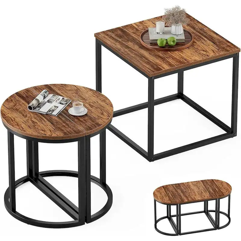 3-Piece Coffee Table Set Metal Frame 1 Square Table 2 Semi-Circular Tables