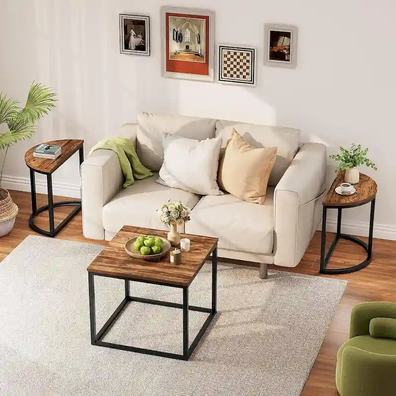 3-Piece Coffee Table Set Metal Frame 1 Square Table 2 Semi-Circular Tables