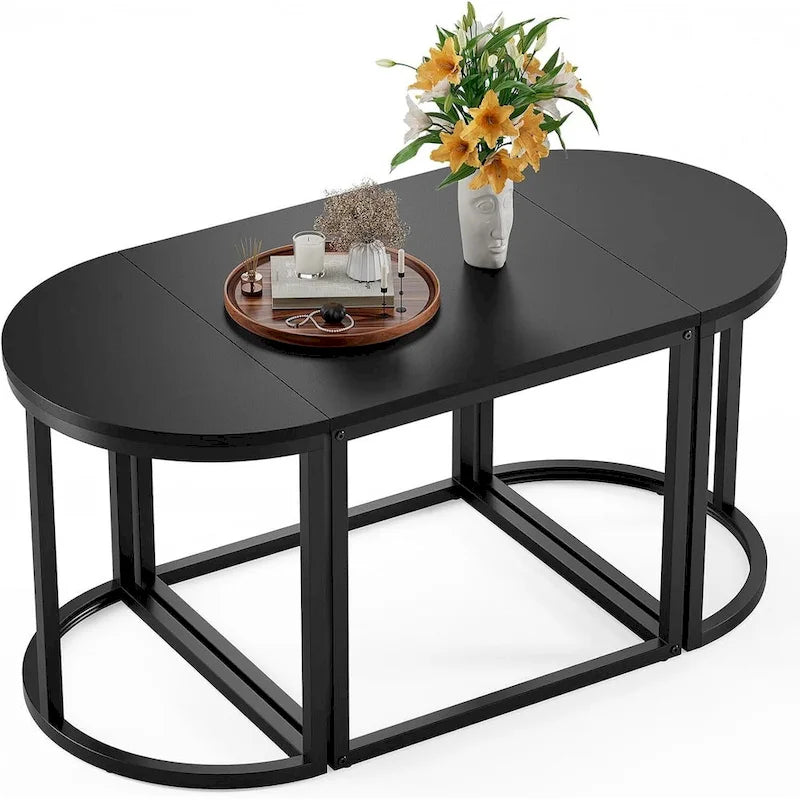 3-Piece Coffee Table Set Metal Frame 1 Square Table 2 Semi-Circular Tables
