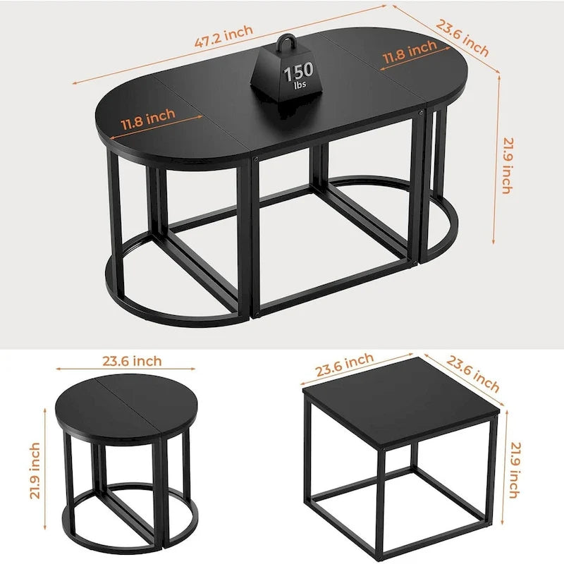 3-Piece Coffee Table Set Metal Frame 1 Square Table 2 Semi-Circular Tables