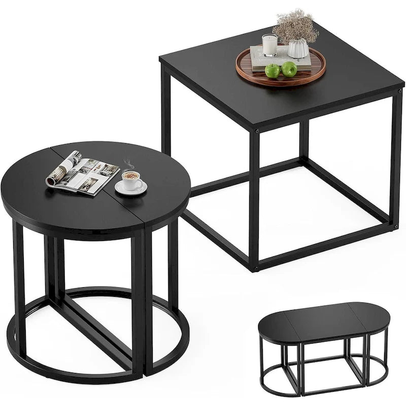 3-Piece Coffee Table Set Metal Frame 1 Square Table 2 Semi-Circular Tables