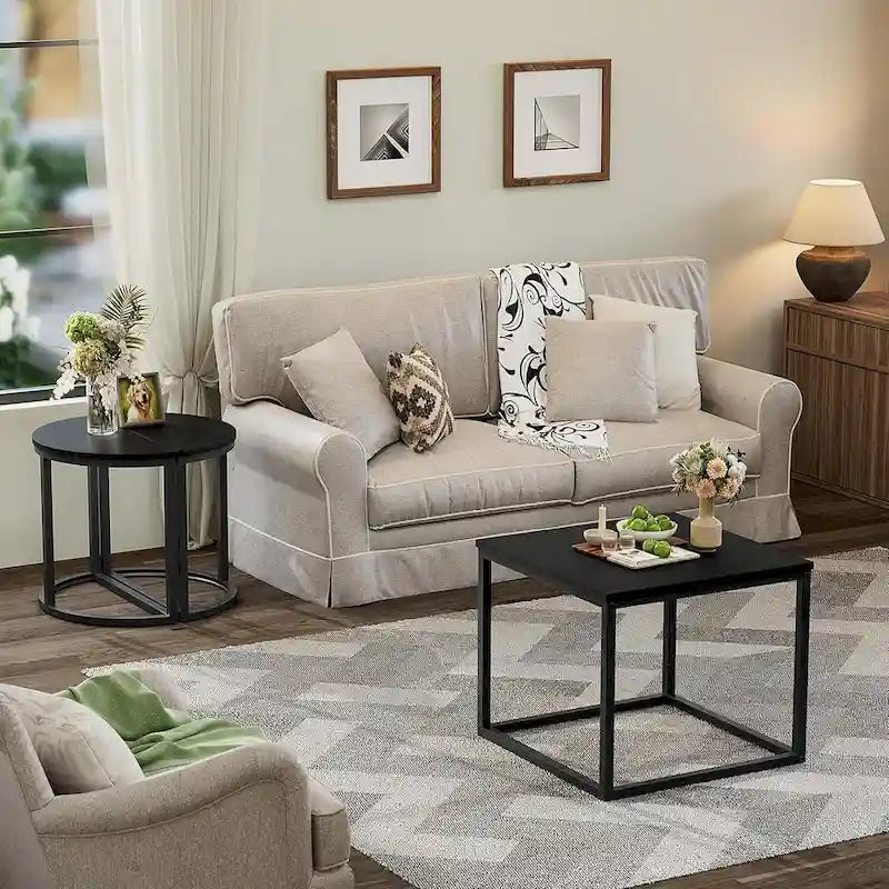 3-Piece Coffee Table Set Metal Frame 1 Square Table 2 Semi-Circular Tables
