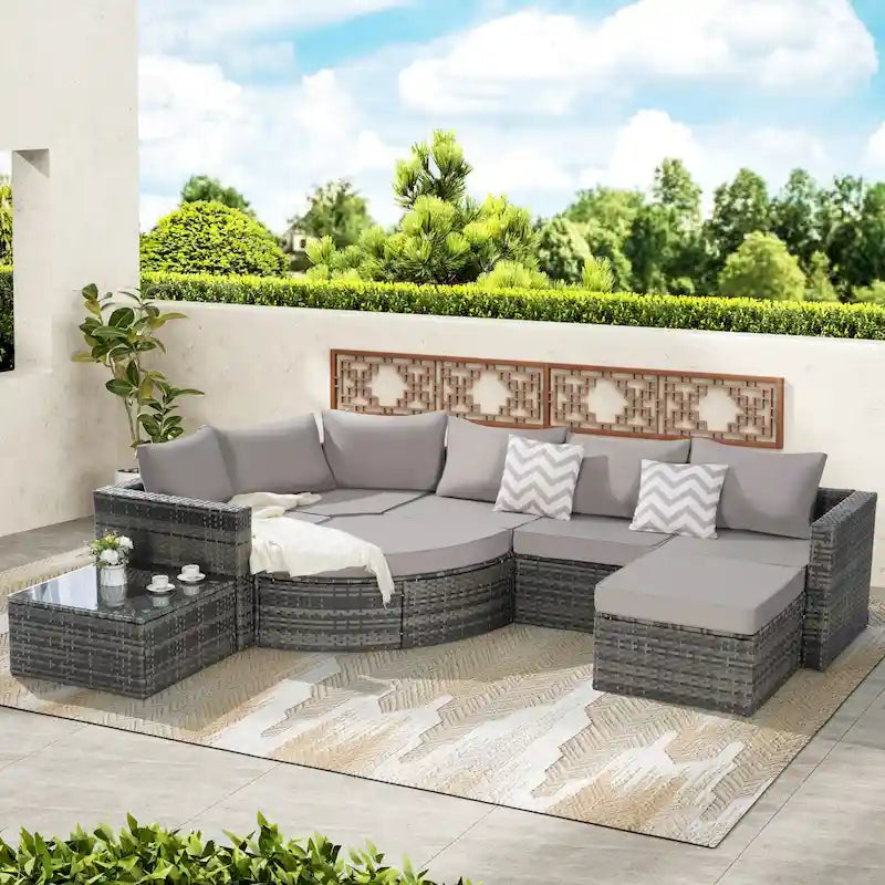 8-Piece Sectional Patio Sofa Set Gray Wicker with Dark Gray Cushions