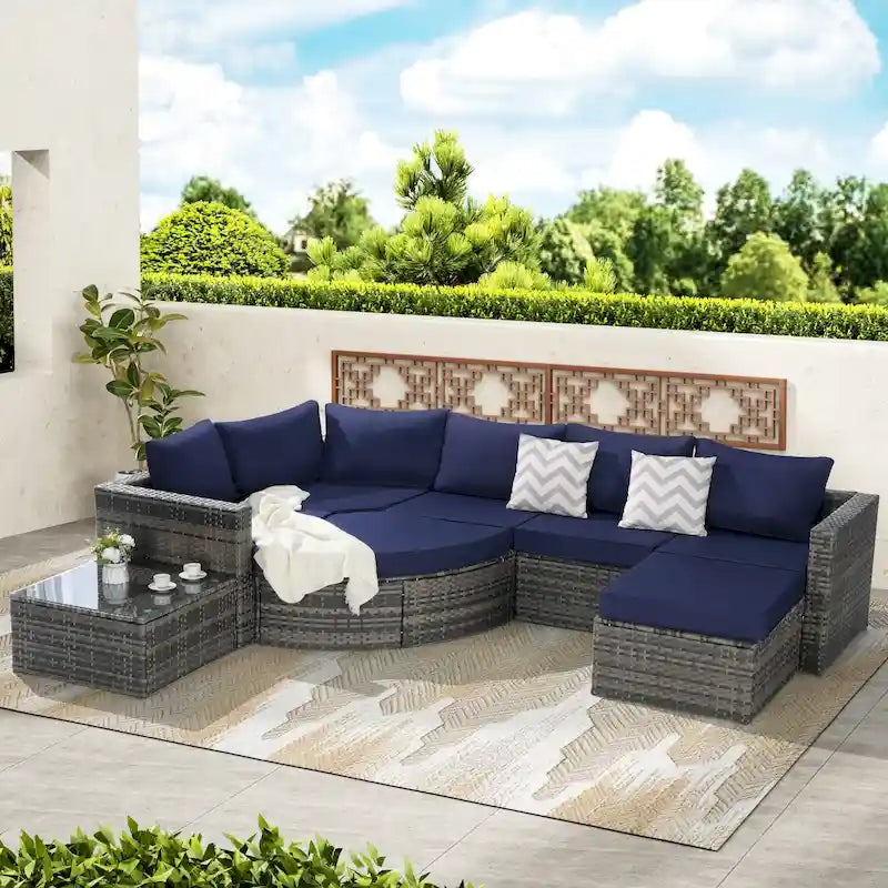 8-Piece Sectional Patio Sofa Set Gray Wicker with Dark Gray Cushions
