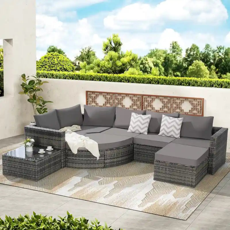 8-Piece Sectional Patio Sofa Set Gray Wicker with Dark Gray Cushions