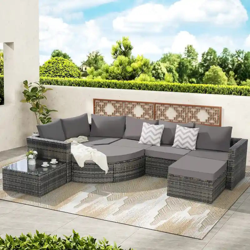 8 Piece Outdoor Patio Sofa Set, Sectional L- Shaped Patio Furniture Wicker Patio Conversation Set