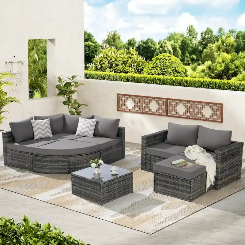 8-Piece Sectional Patio Sofa Set Gray Wicker with Dark Gray Cushions