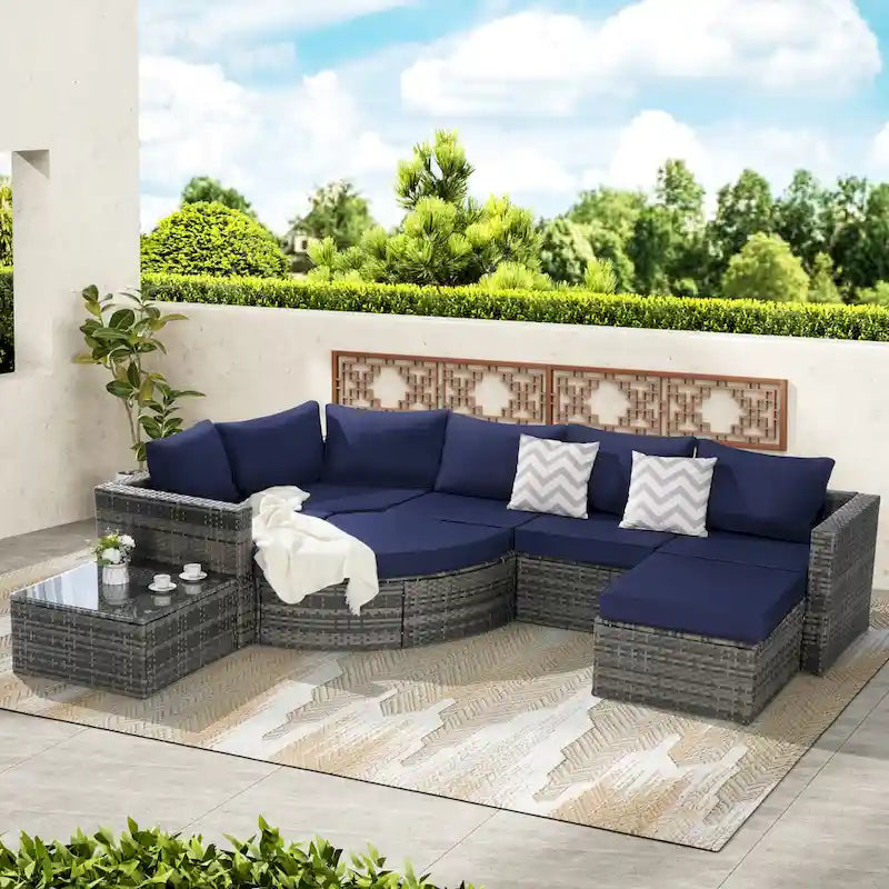 8-Piece Sectional Patio Sofa Set Gray Wicker with Dark Gray Cushions