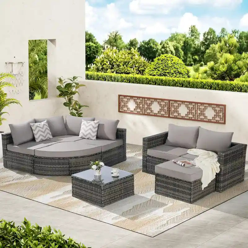 8-Piece Sectional Patio Sofa Set Gray Wicker with Dark Gray Cushions